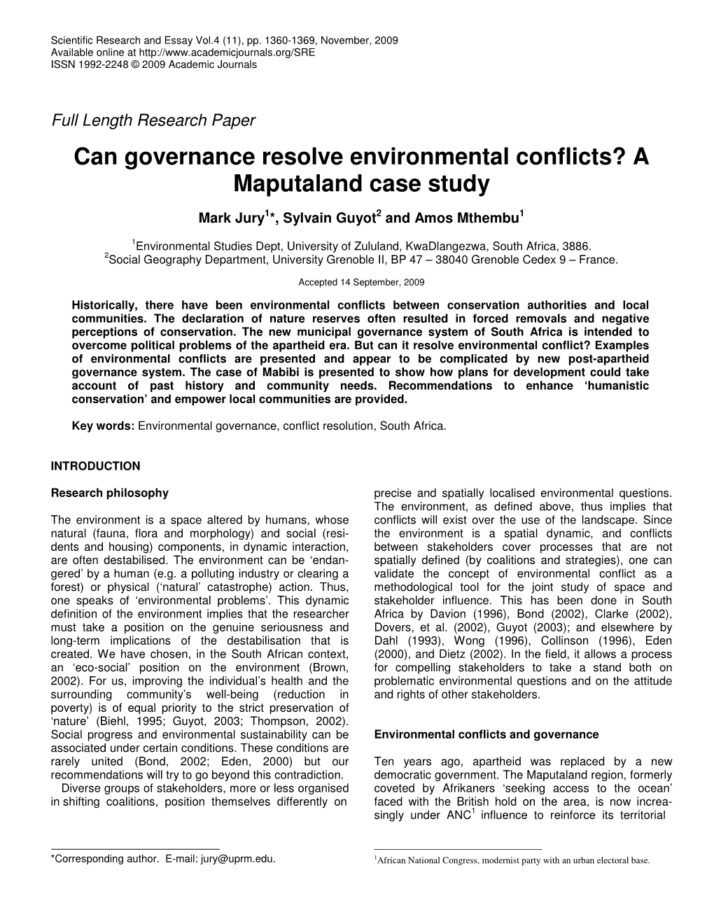 Can Governance Resolve Environmental Conflicts? a Maputaland Case Study