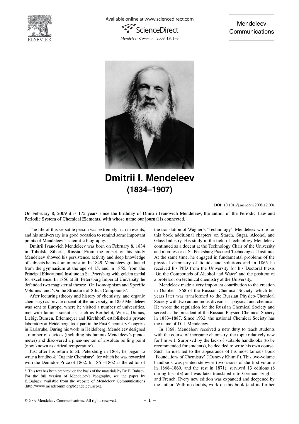 Dmitriy Mendeleev (1834- 1907), Father of the Periodic Table, the Great Scientist, Thinker and Patriot