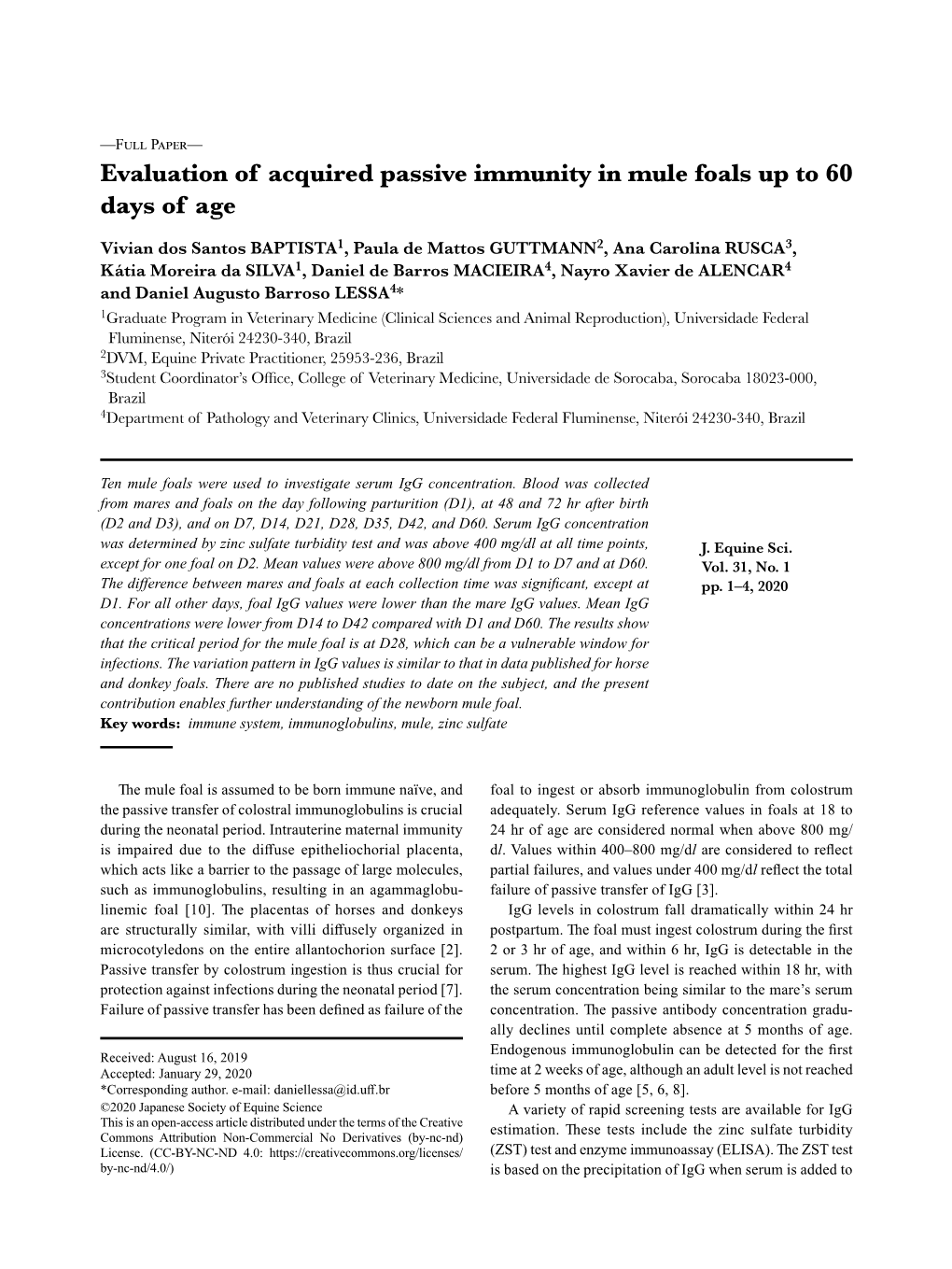 Evaluation of Acquired Passive Immunity in Mule Foals up to 60 Days of Age