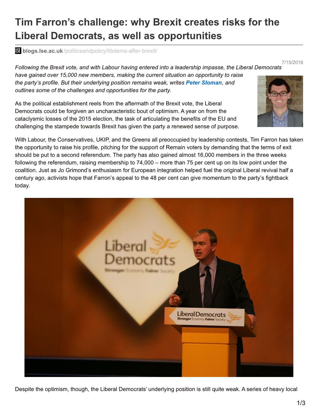 Why Brexit Creates Risks for the Liberal Democrats, As Well As Opportunities