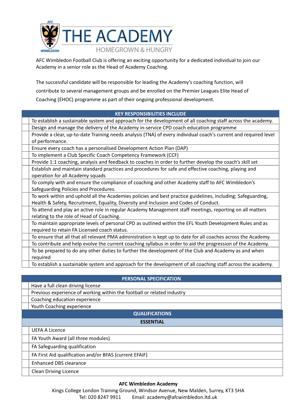 AFC Wimbledon Academy Kings College London Training Ground, Windsor Avenue, New Malden, Surrey, KT3 5HA Tel: 020 8247 9911 Email: Academy@Afcwimbledon.Ltd.Uk