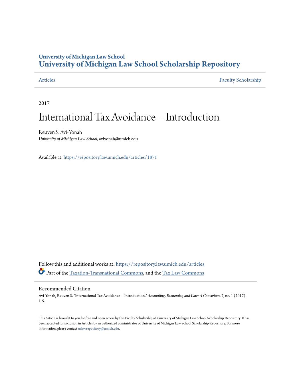 International Tax Avoidance -- Introduction Reuven S