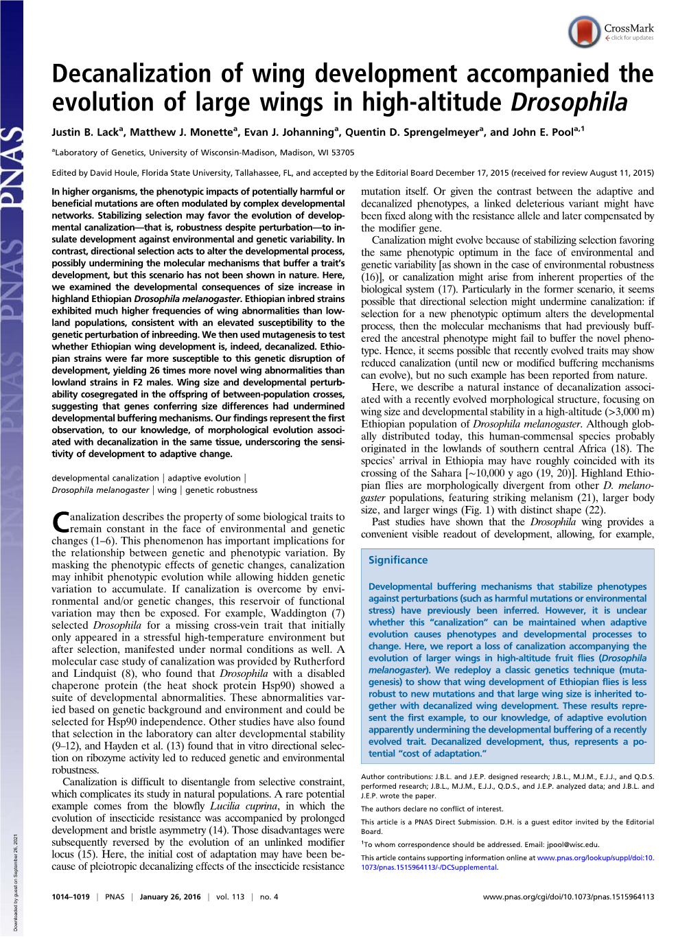 Decanalization of Wing Development Accompanied the Evolution of Large Wings in High-Altitude Drosophila