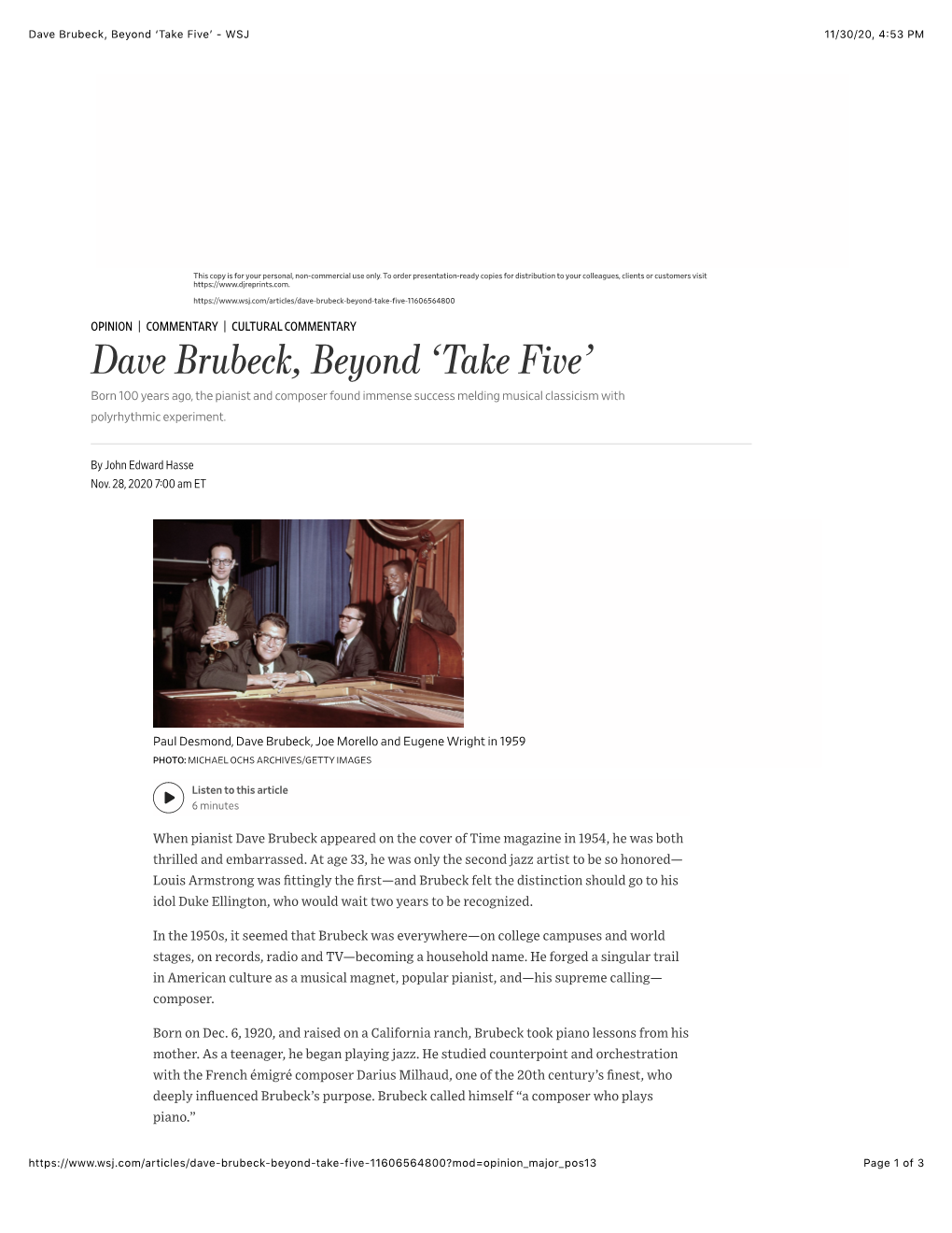 Dave Brubeck, Beyond ‘Take Fiveʼ - WSJ 11/30/20, 4�53 PM