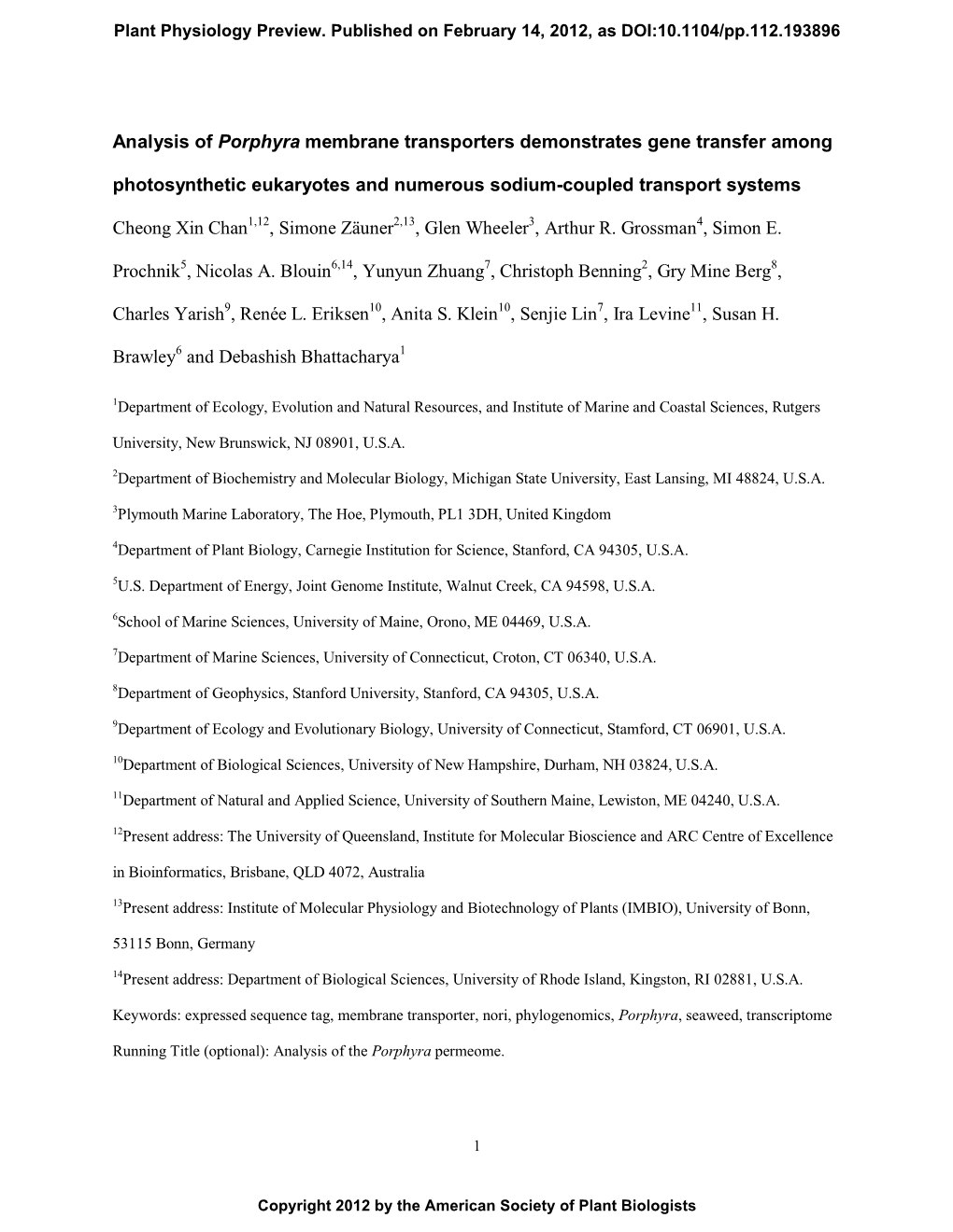 Analysis of Porphyra Membrane Transporters Demonstrates Gene Transfer Among Photosynthetic Eukaryotes and Numerous Sodium-Coupled Transport Systems