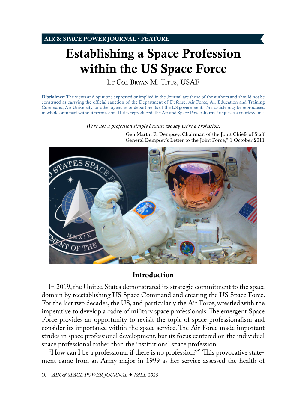 Establishing a Space Profession Within the US Space Force Lt Col Bryan M