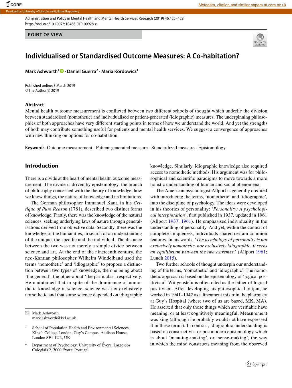Individualised Or Standardised Outcome Measures: a Co-Habitation?