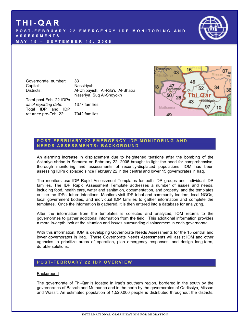 Thi-Qar Post-February 22 Emergency Idp Monitoring and Assessments May 15 – September 15, 2006