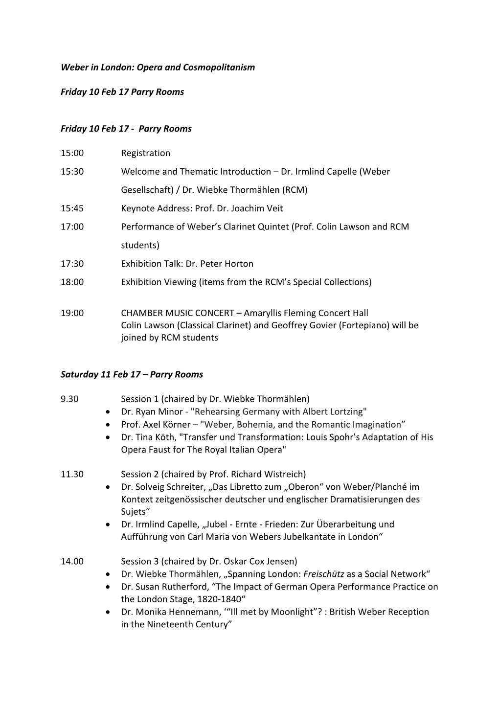 Carl Maria Von Weber Symposium Programme for Website