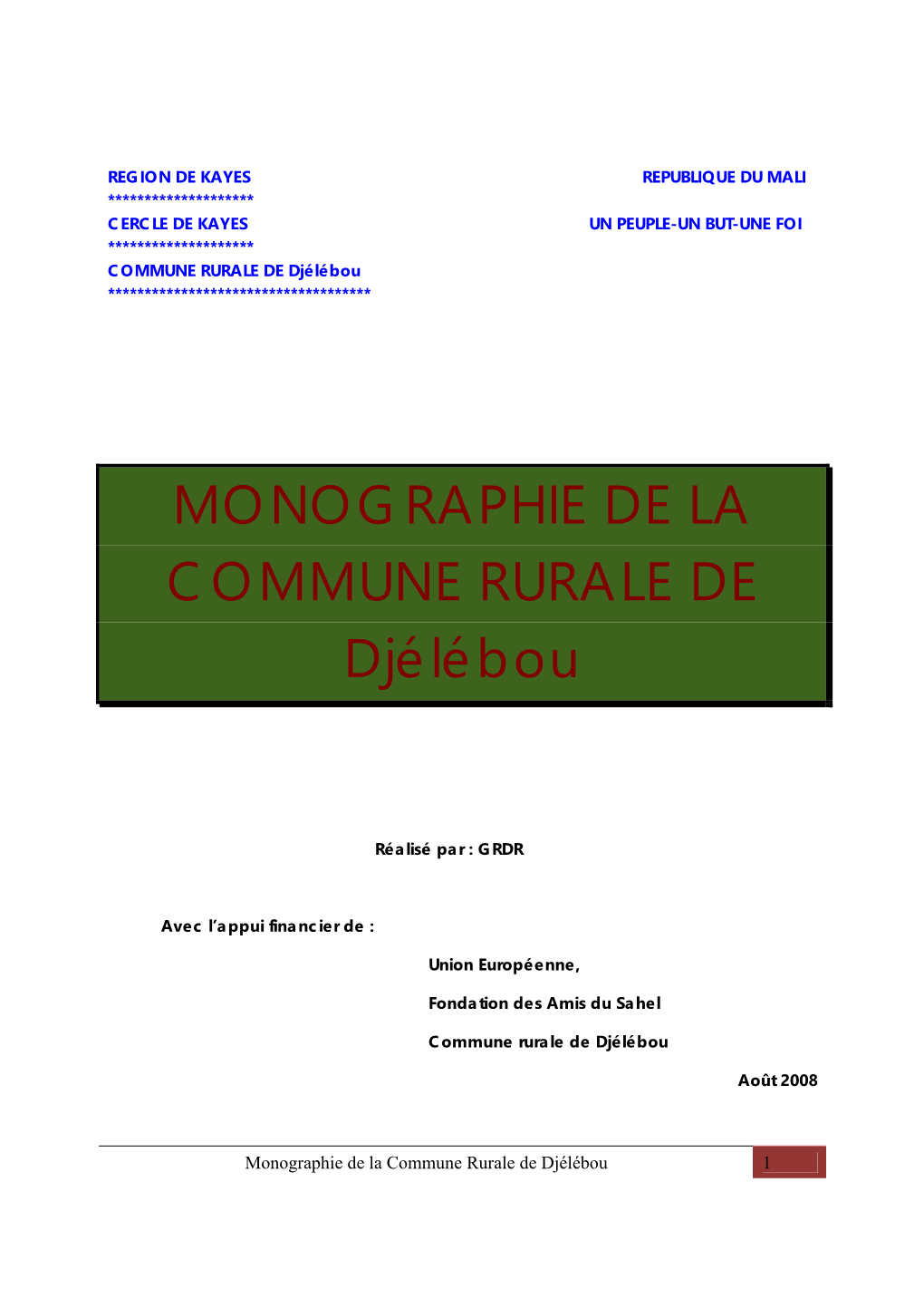 MONOGRAPHIE DE LA COMMUNE RURALE DE Djélébou