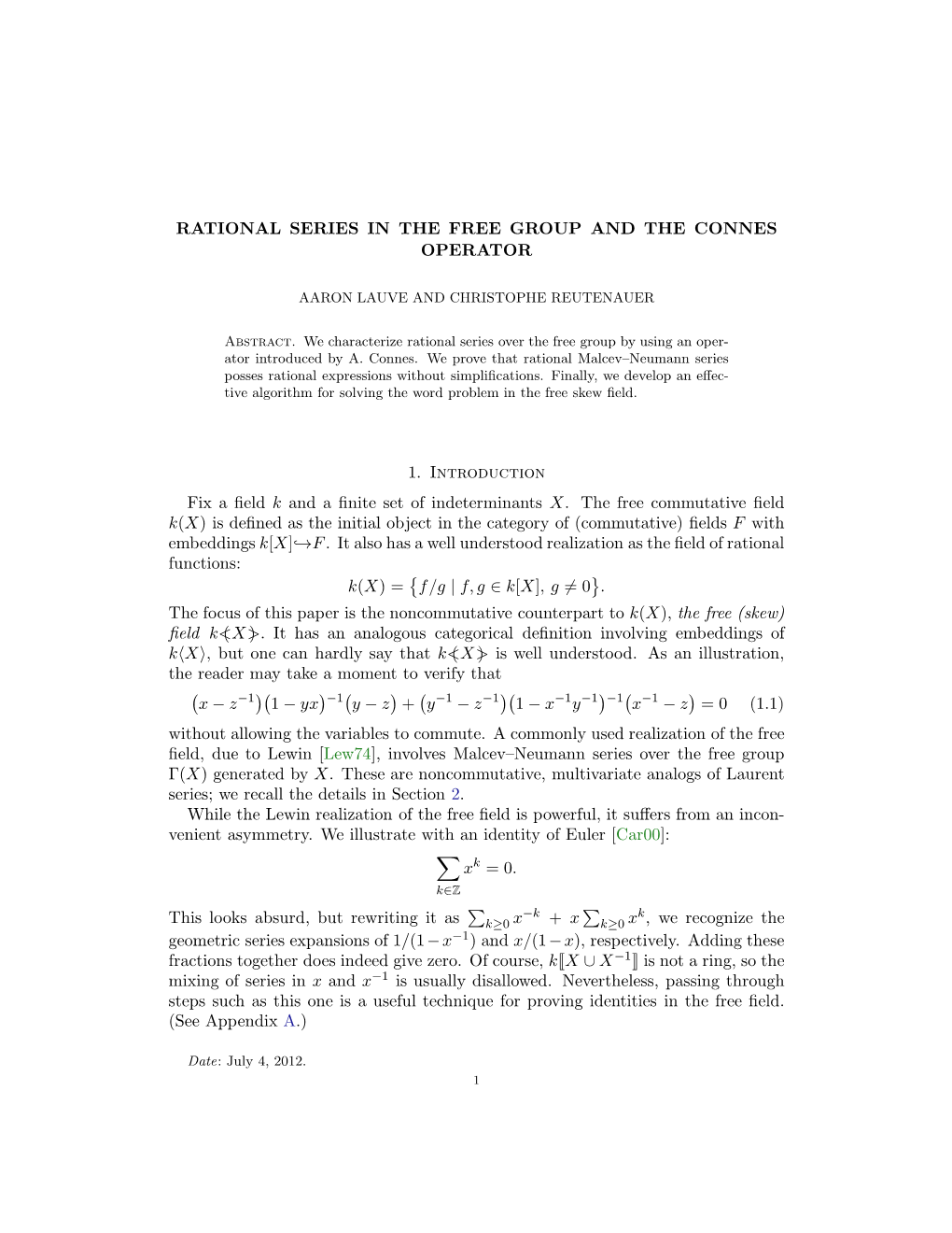 Rational Series in the Free Group and the Connes Operator