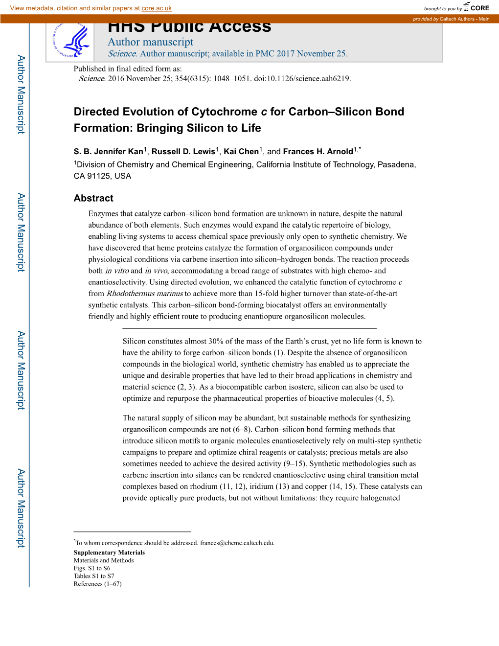 Directed Evolution of Cytochrome C for Carbon–Silicon Bond Formation: Bringing Silicon to Life