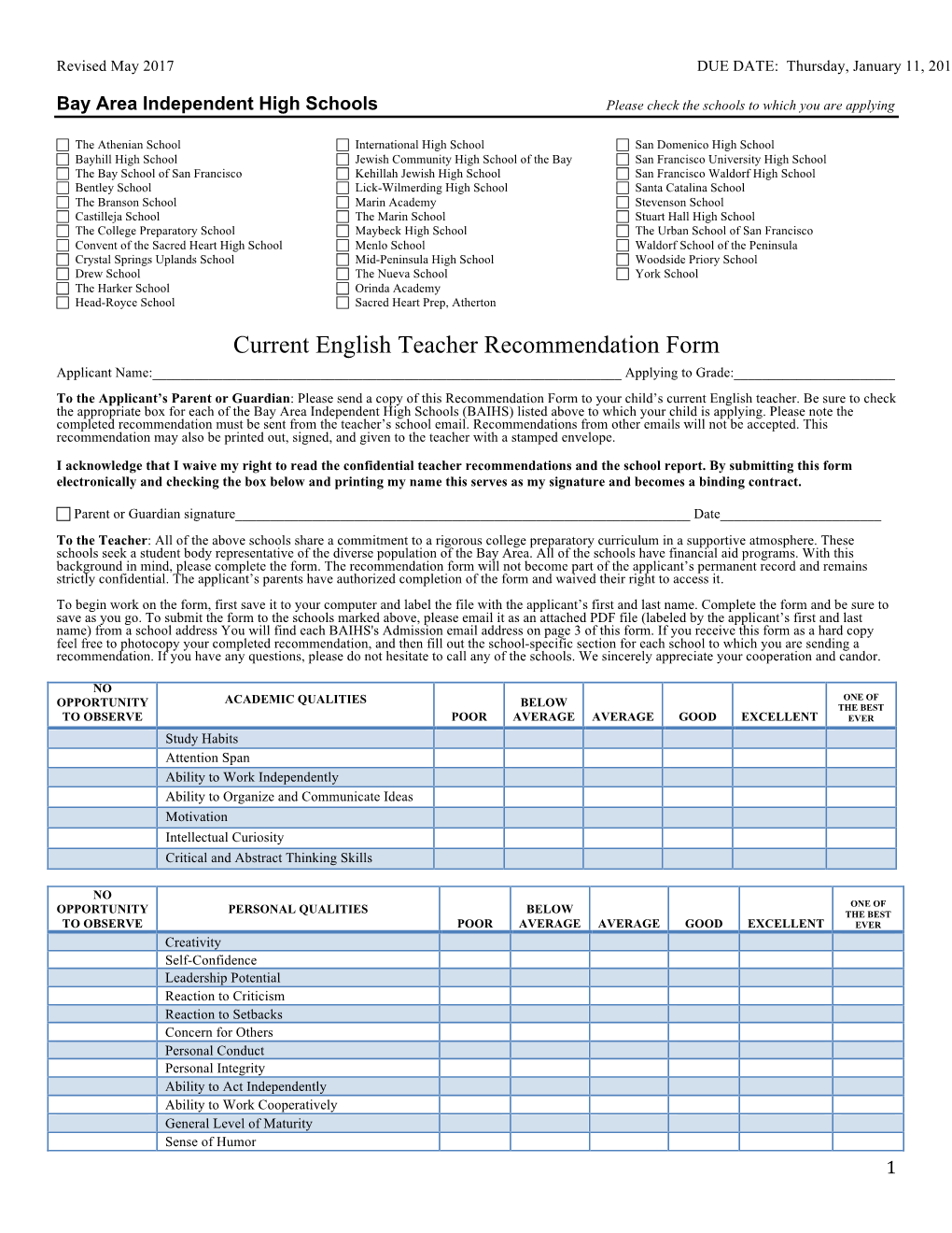 Current English Teacher Recommendation Form