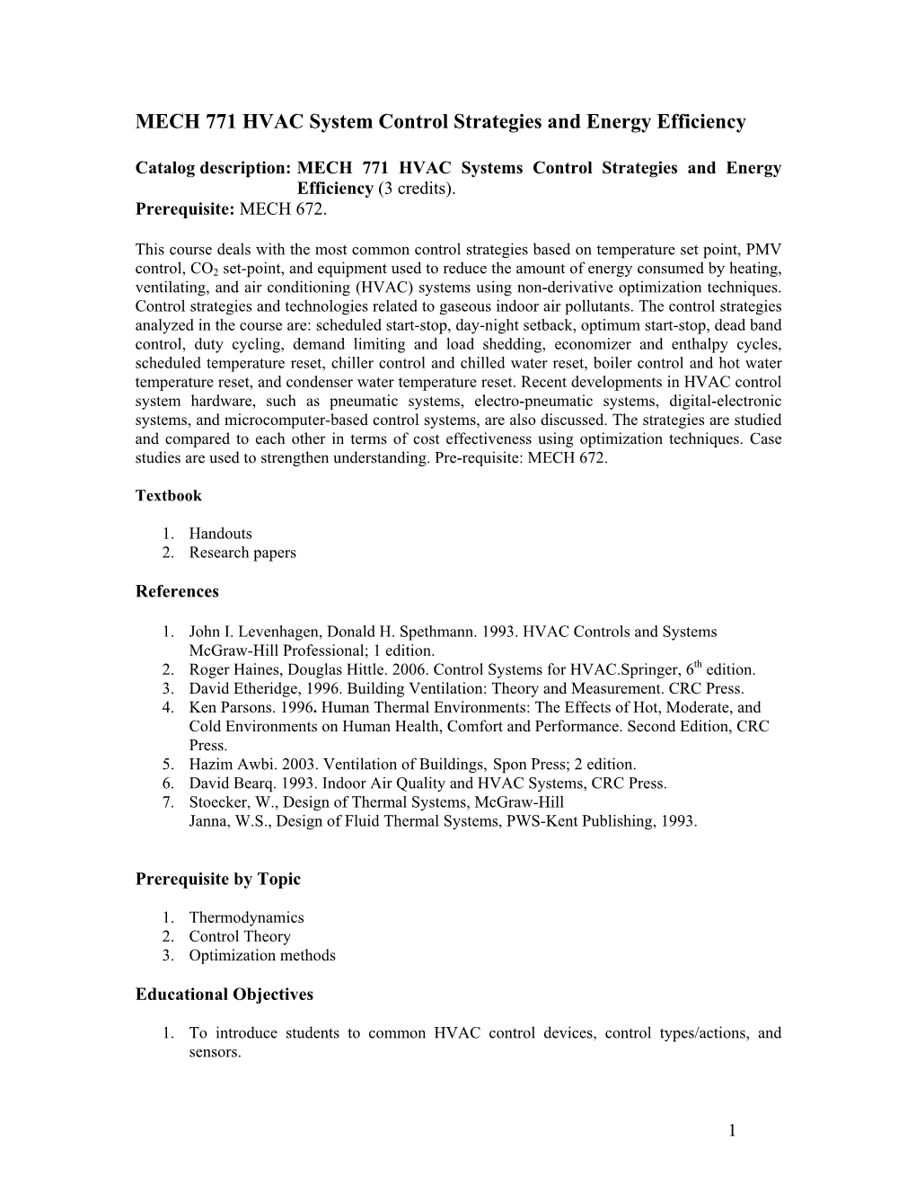 MECH 771 HVAC System Control Strategies and Energy Efficiency