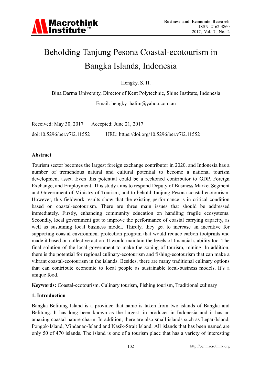 Beholding Tanjung Pesona Coastal-Ecotourism in Bangka Islands, Indonesia