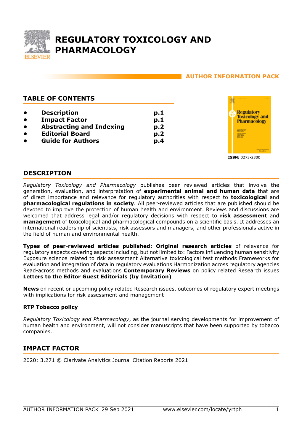 Regulatory Toxicology and Pharmacology