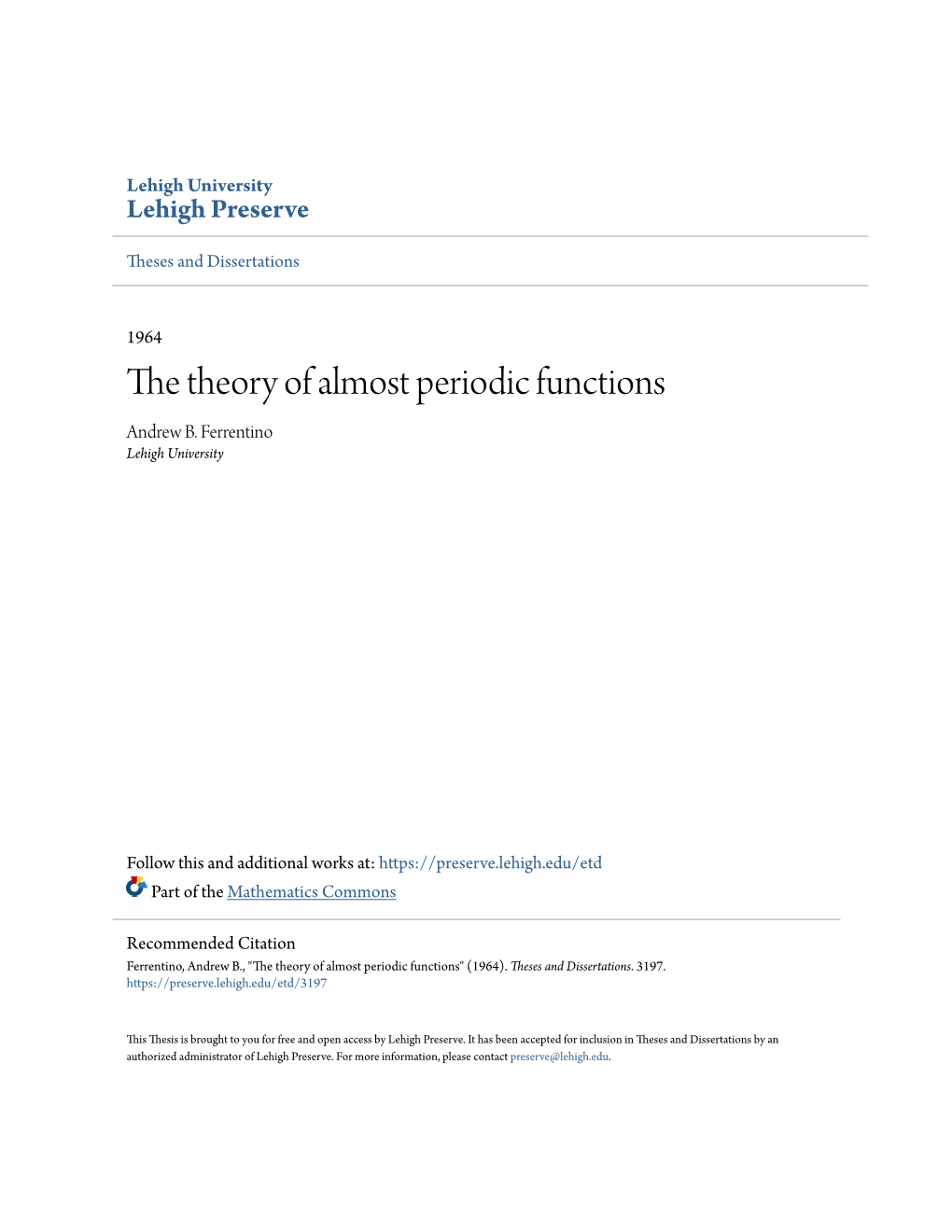 The Theory of Almost Periodic Functions Andrew B
