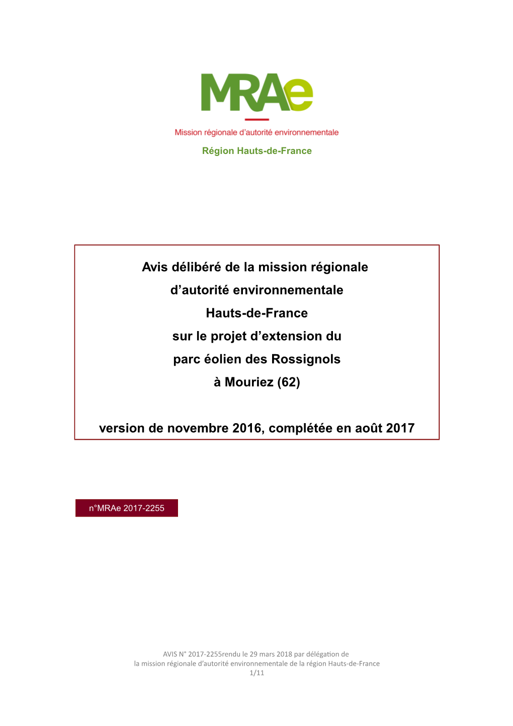 Avis Délibéré De La Mission Régionale D'autorité Environnementale Hauts