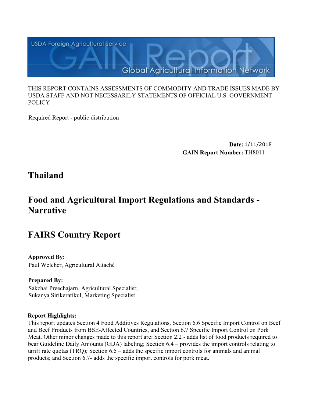 Food and Agricultural Import Regulations and Standards