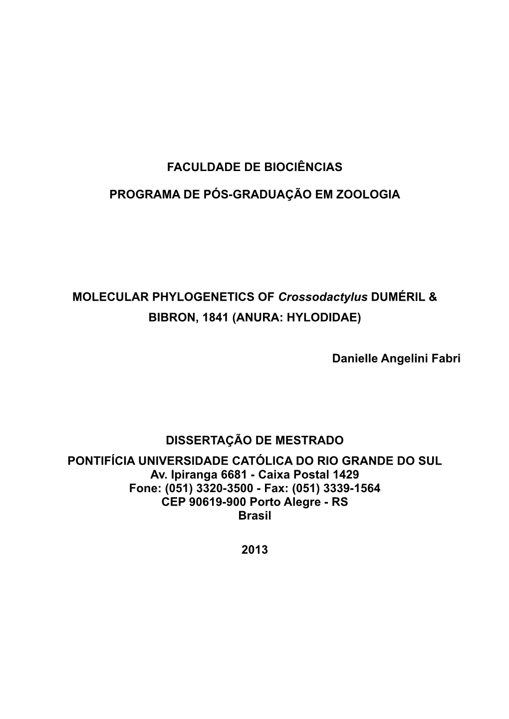 Faculdade De Biociências Programa De Pós-Graduação Em Zoologia