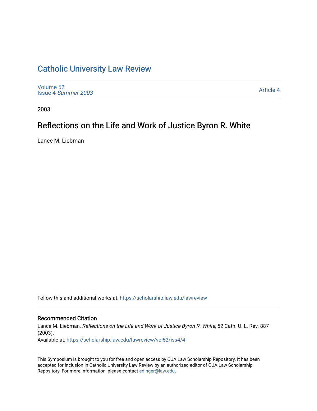 Reflections on the Life and Work of Justice Byron R. White