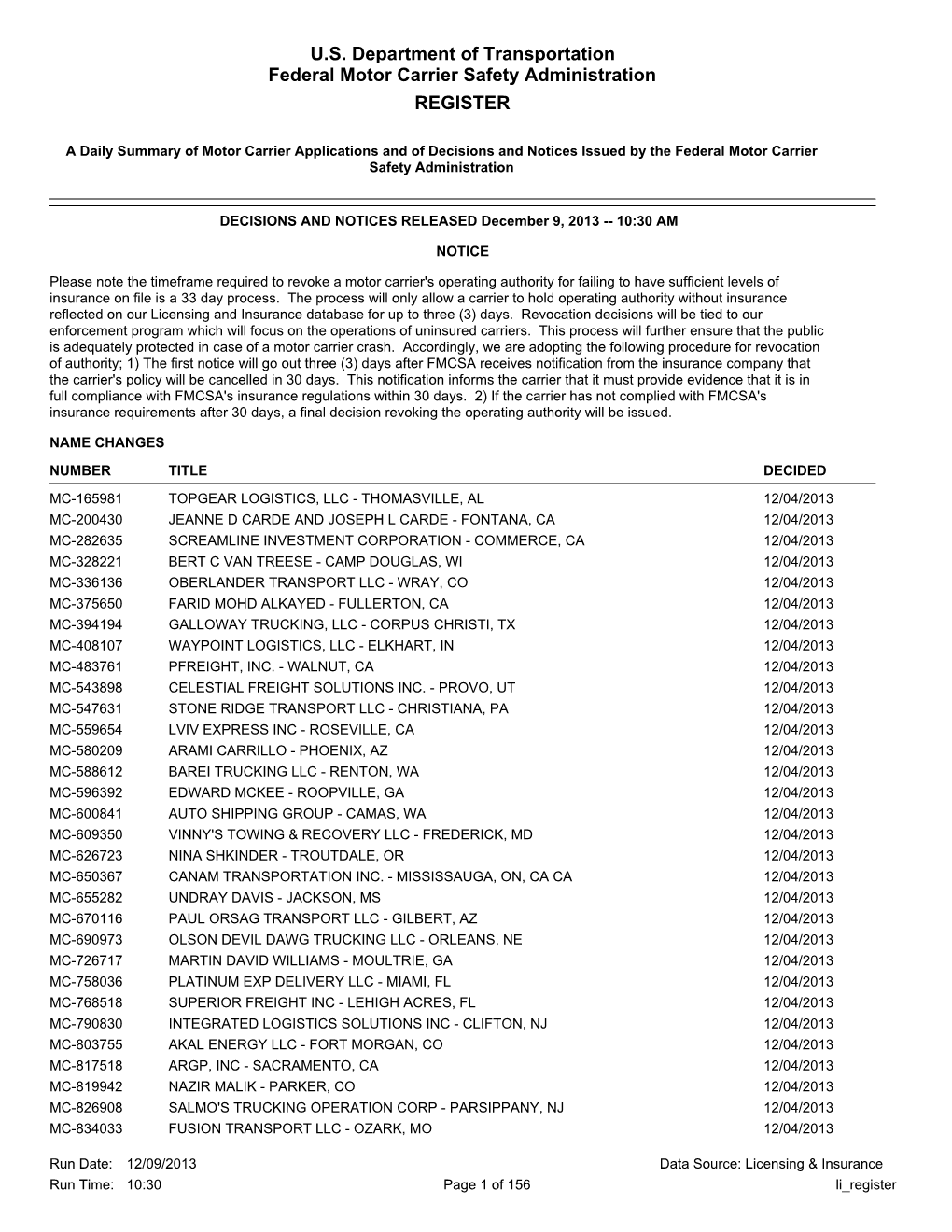 U.S. Department of Transportation Federal Motor Carrier Safety Administration REGISTER