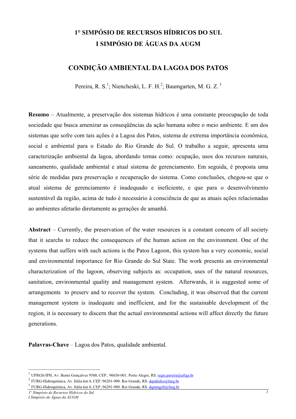 Condição Ambiental Da Lagoa Dos Patos