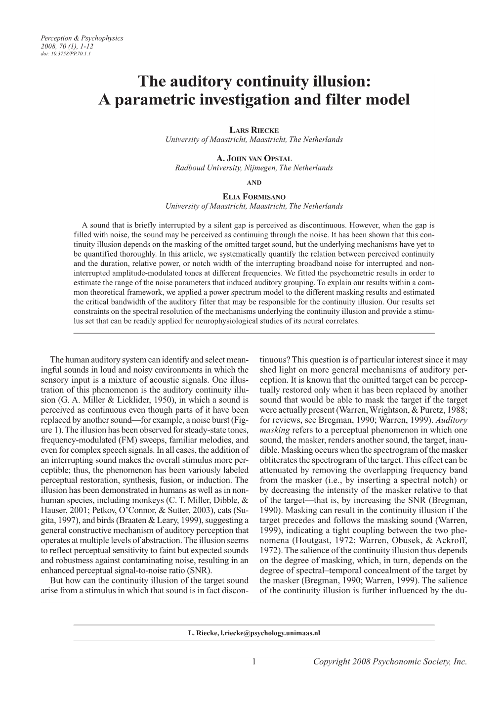 The Auditory Continuity Illusion: a Parametric Investigation and Filter Model