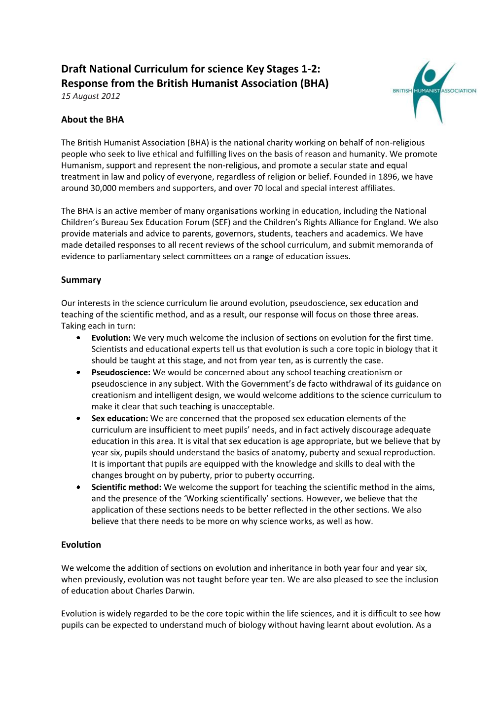 Draft National Curriculum for Science Key Stages 1-2: Response from the British Humanist Association (BHA) 15 August 2012