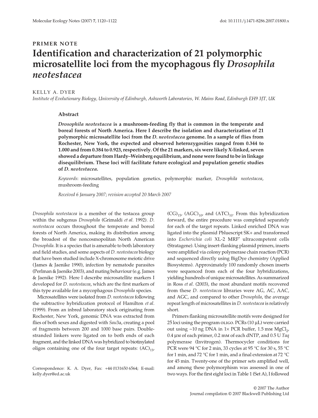 Identification and Characterization of 21 Polymorphic Microsatellite Loci from the Mycophagous Fly Drosophila Neotestacea