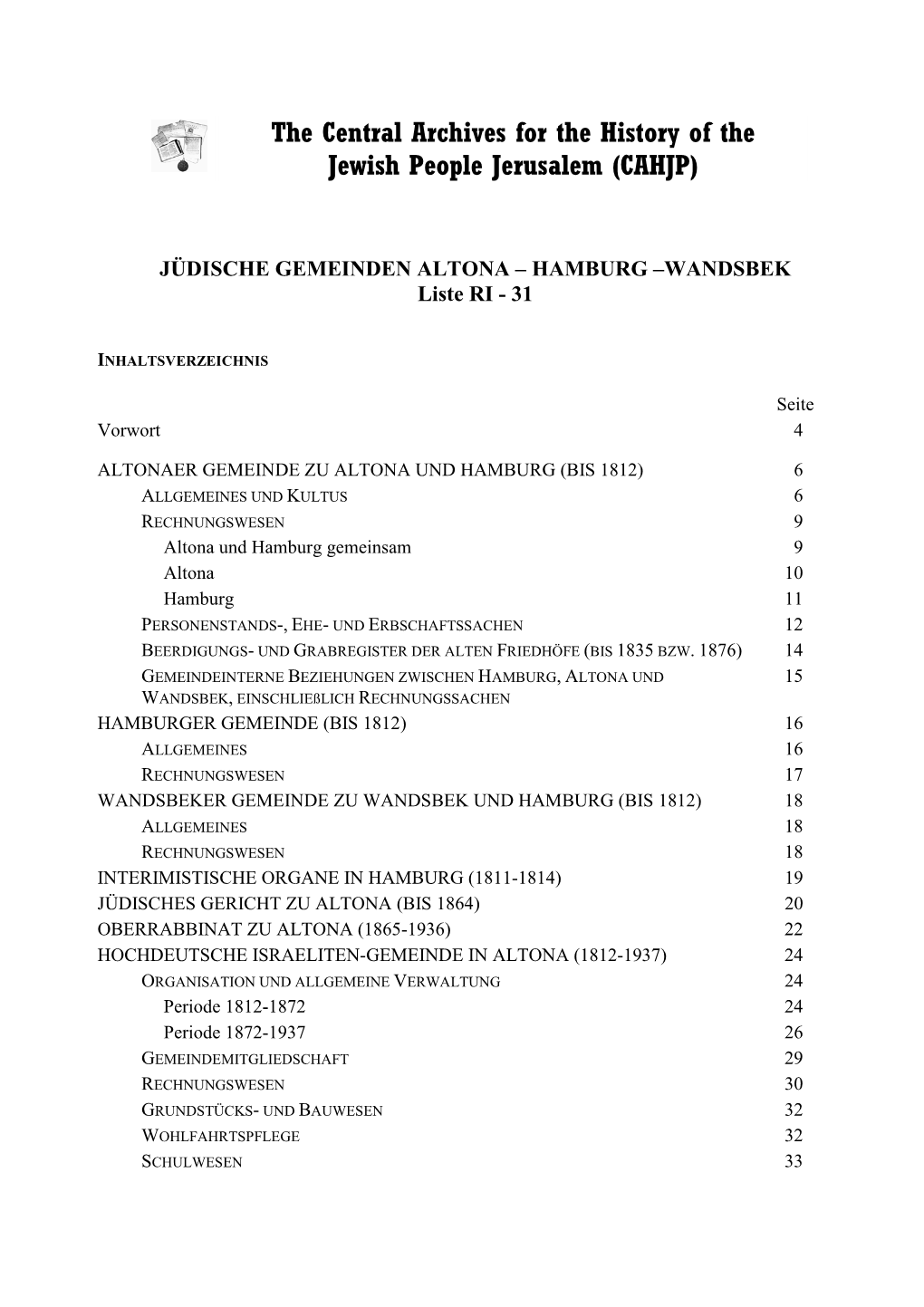 JÜDISCHE GEMEINDEN ALTONA – HAMBURG –WANDSBEK Liste RI - 31