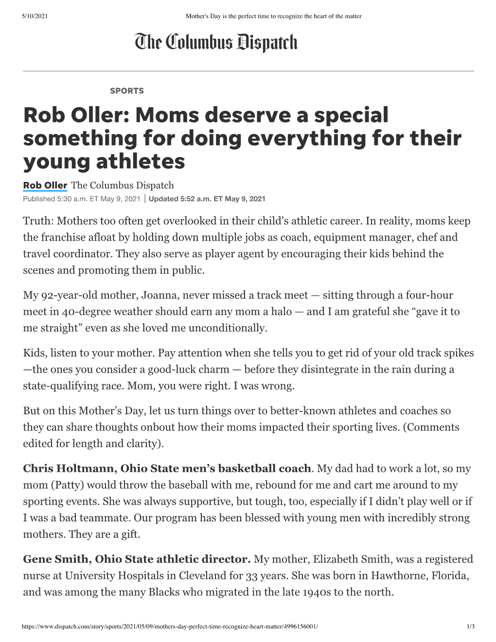 Rob Oller: Moms Deserve a Special Something for Doing Everything for Their Young Athletes Rob Oller the Columbus Dispatch Published 5:30 A.M