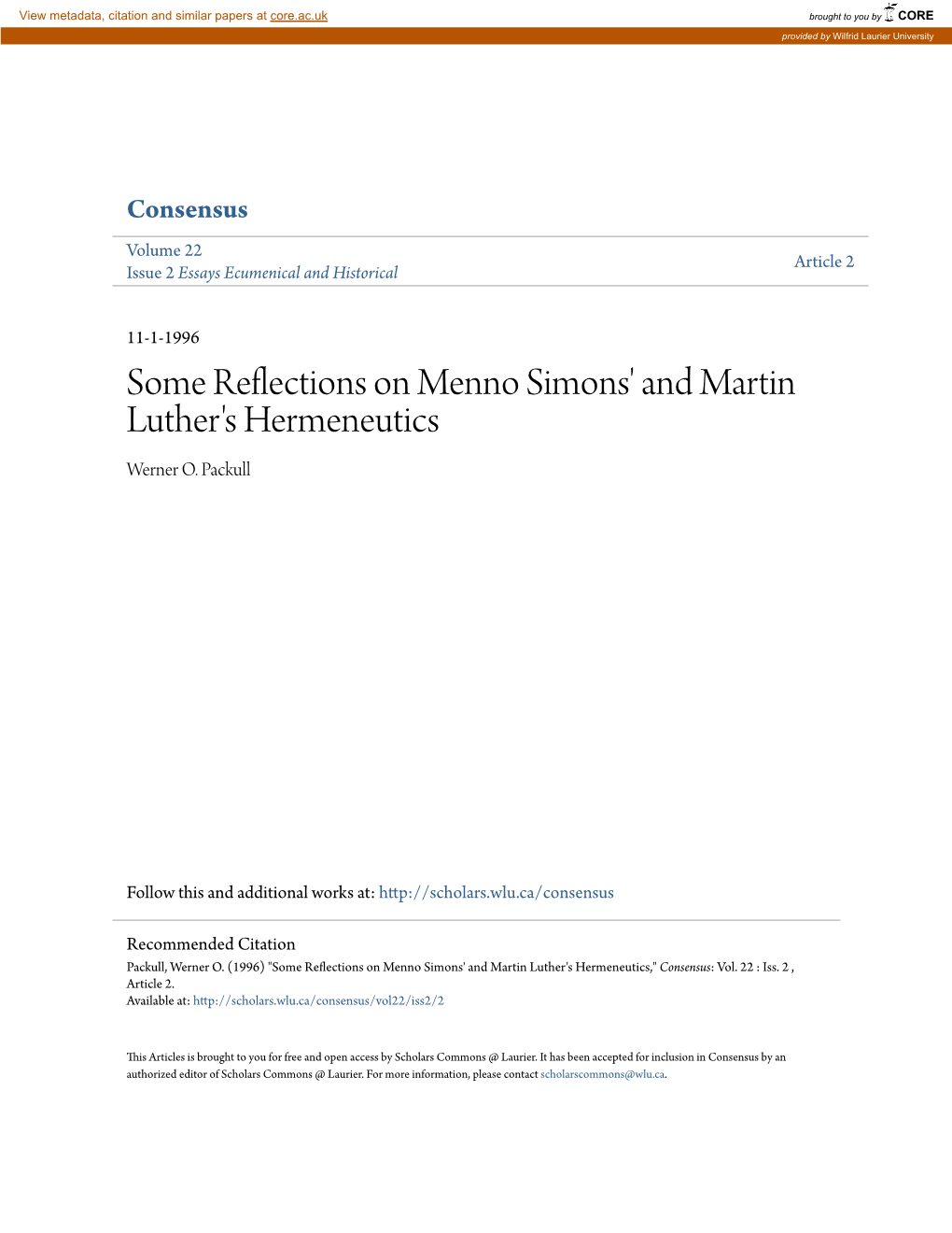 Some Reflections on Menno Simons' and Martin Luther's Hermeneutics Werner O