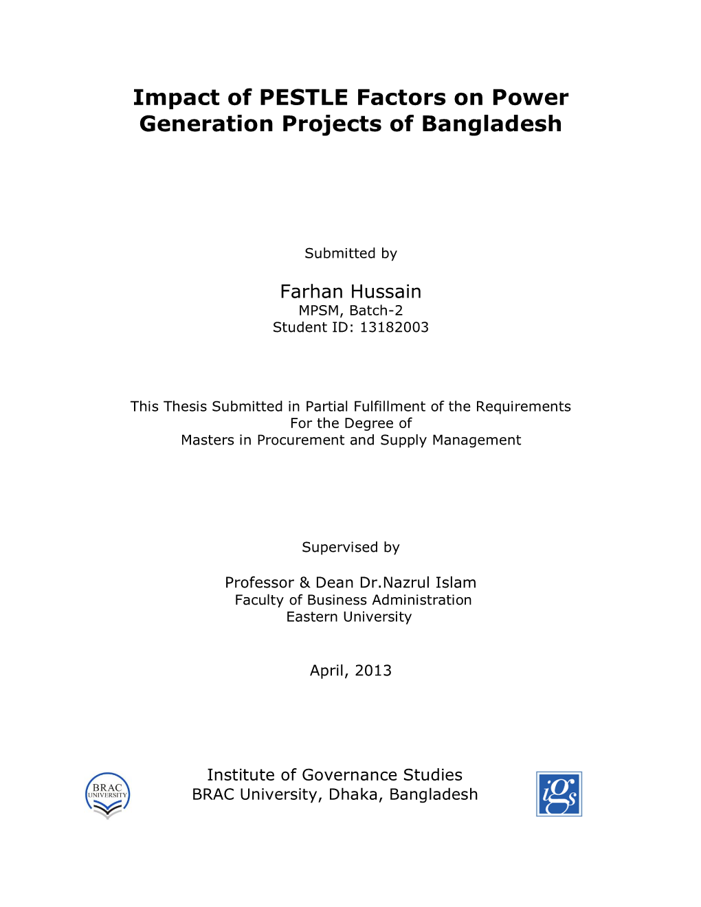 Impact of PESTLE Factors on Power Generation Projects of Bangladesh