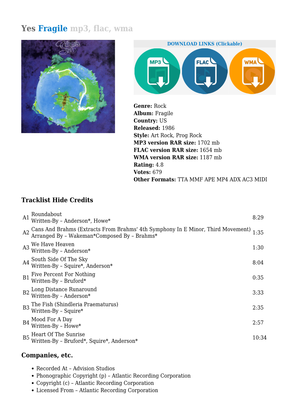 Yes Fragile Mp3, Flac, Wma