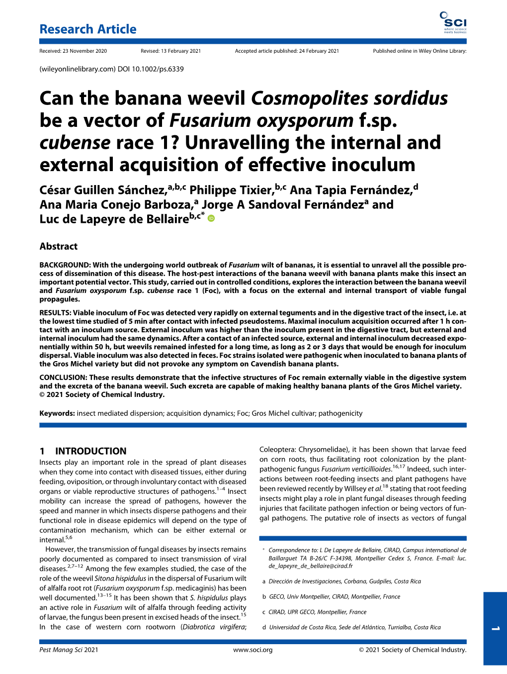 Can the Banana Weevil Cosmopolites Sordidus Be a Vector of Fusarium Oxysporum F.Sp
