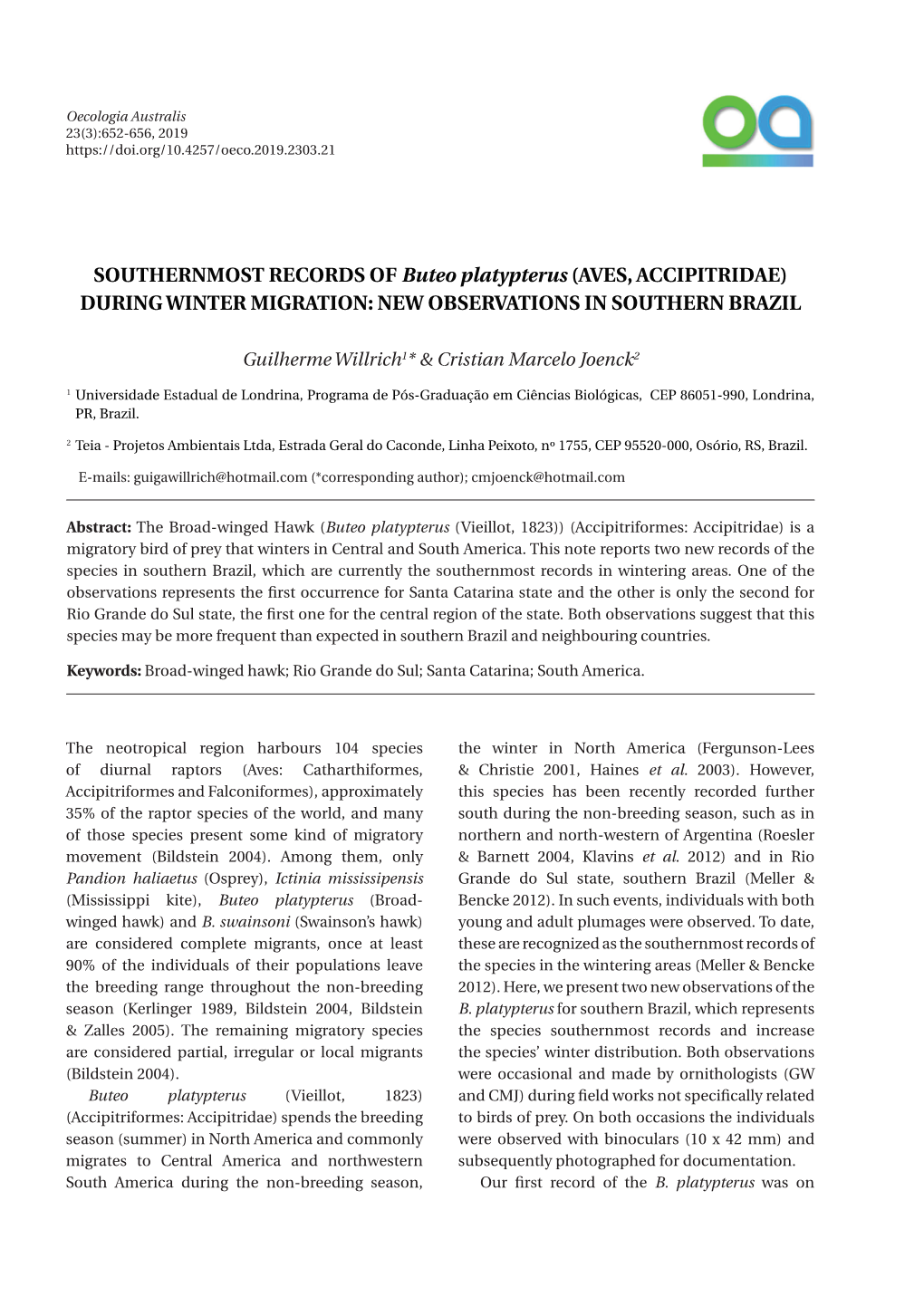 SOUTHERNMOST RECORDS of Buteo Platypterus (AVES, ACCIPITRIDAE) DURING WINTER MIGRATION: NEW OBSERVATIONS in SOUTHERN BRAZIL