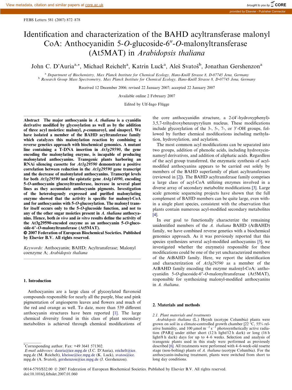 Identification and Characterization of the BAHD Acyltransferase Malonyl