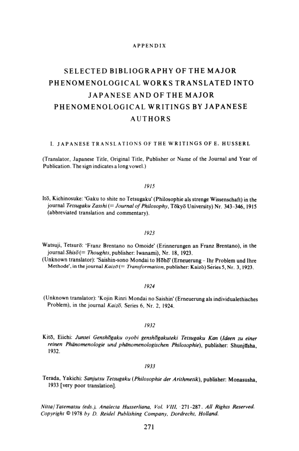 Selected Bibliography of the Major Phenomenological Works Translated Into Japanese and of the Major Phenomenological Writings by Japanese Authors