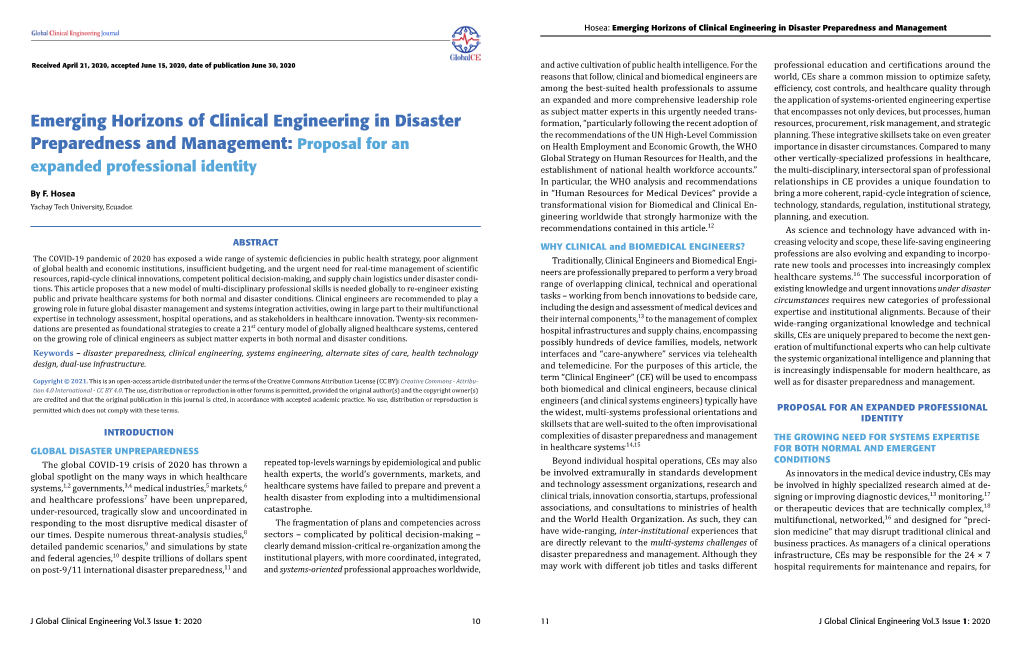 Emerging Horizons of Clinical Engineering in Disaster Preparedness and Management