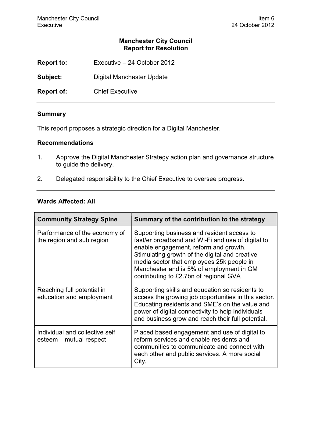 Update Report on Digital Manchester to The