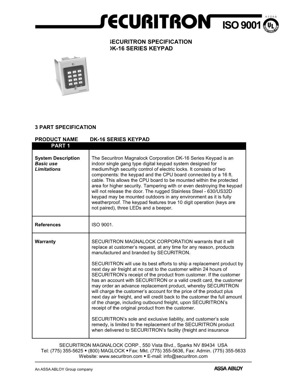 DK-16 Keypad Specification