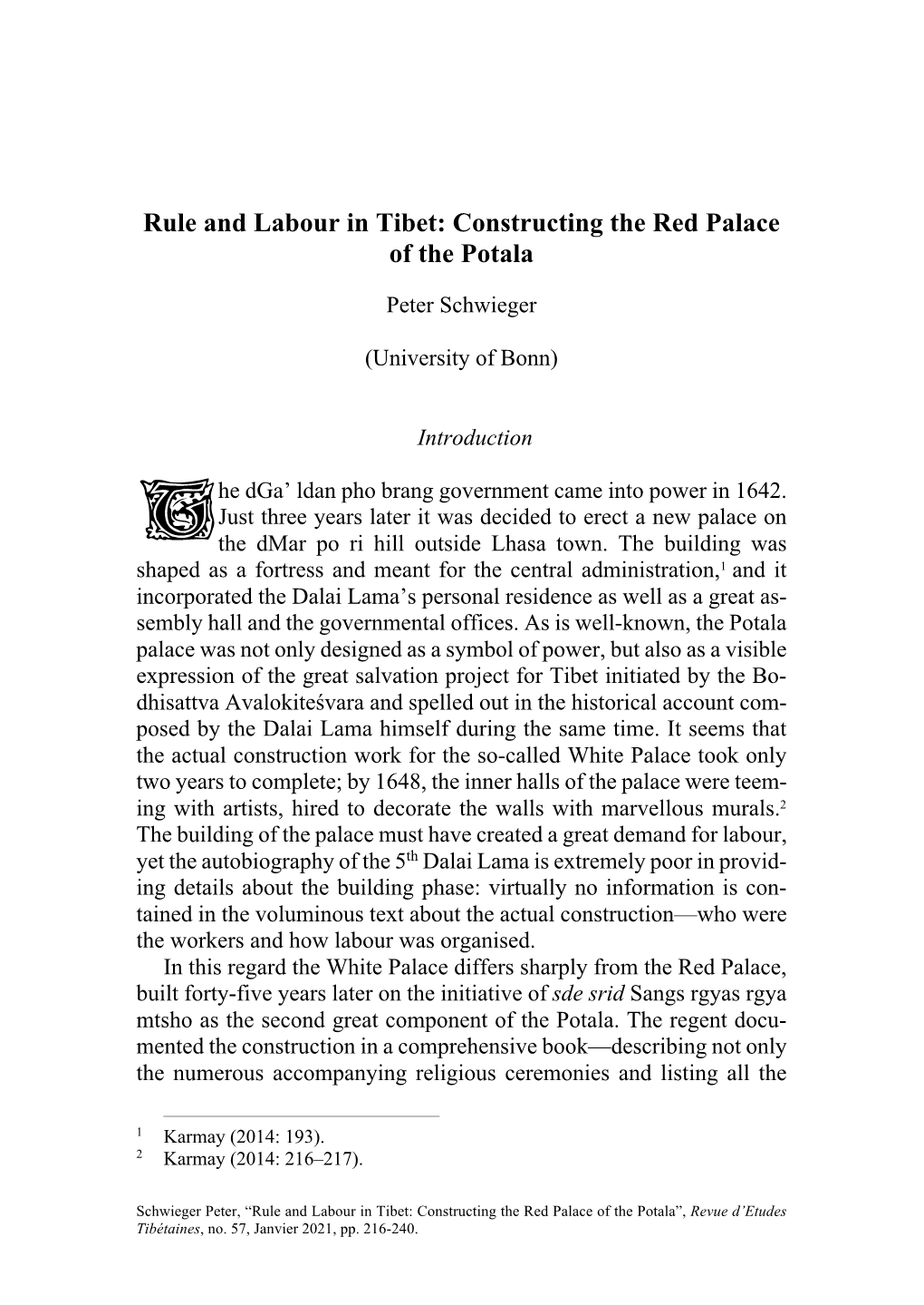 Rule and Labour in Tibet: Constructing the Red Palace of the Potala