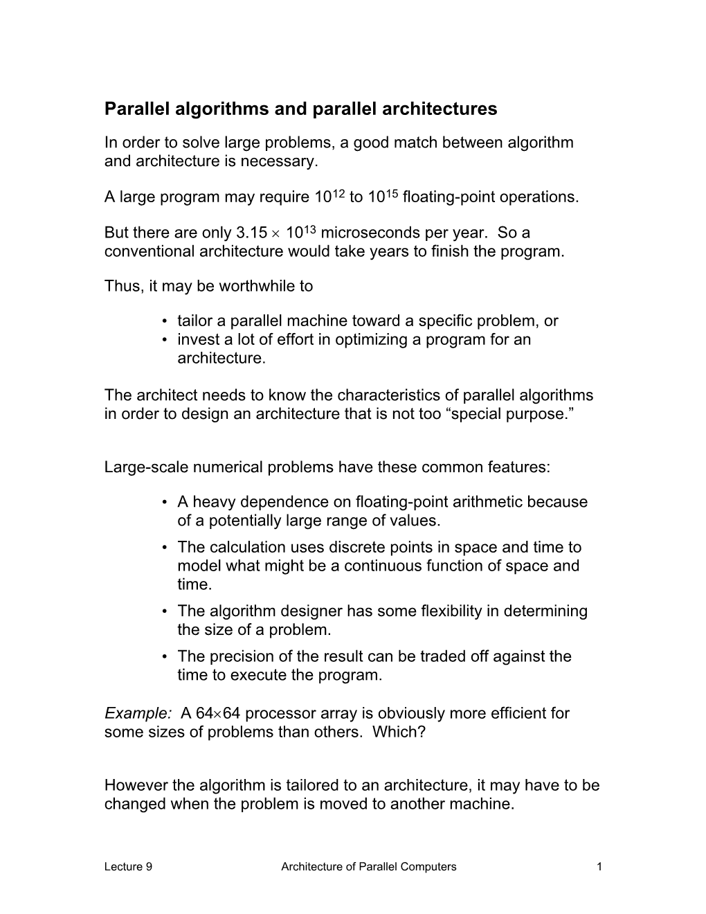 Parallel Algorithms and Parallel Architectures