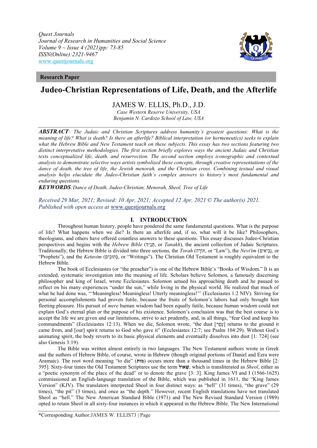 Judeo-Christian Representations of Life, Death, and the Afterlife