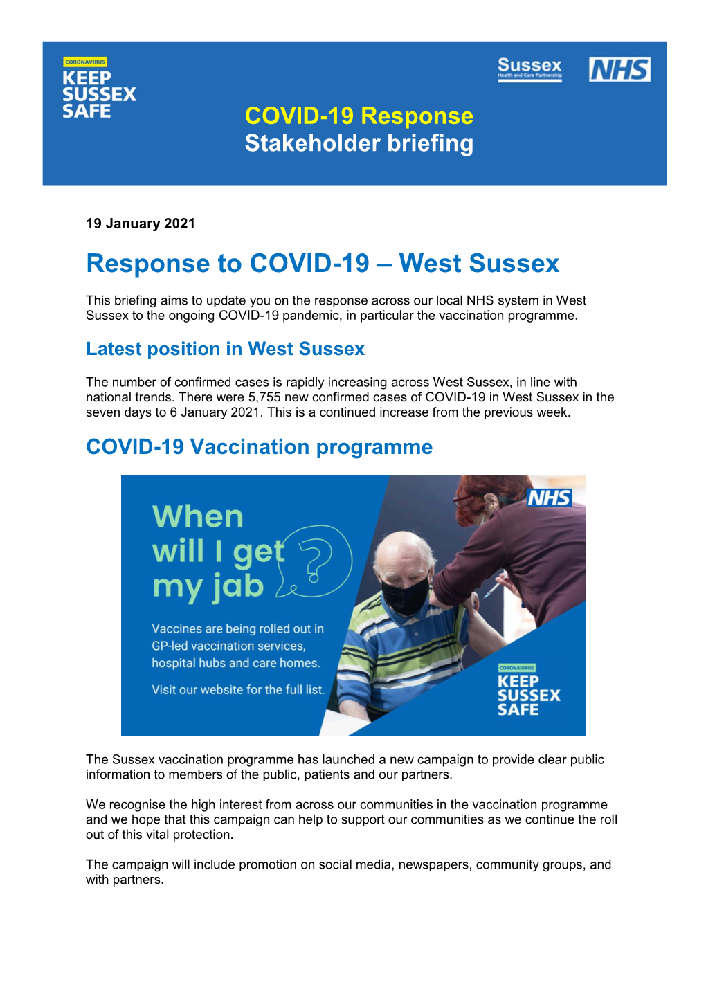 West Sussex COVID-19 Vaccination Stakeholder Briefing 19.01.21