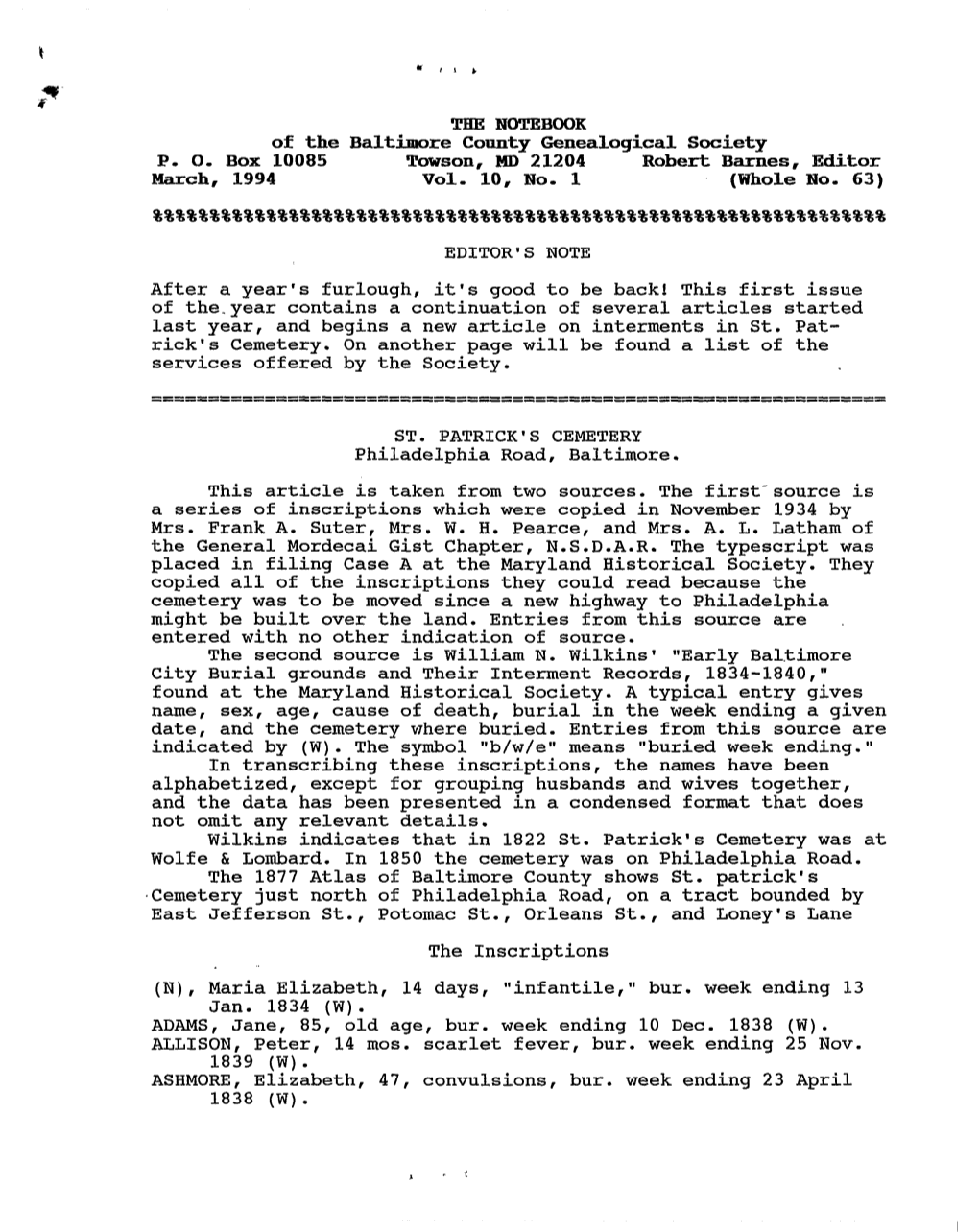 THE NOTEBOOK of the Baltimore County Genealogical Society P. O. Box 10085 Towson, MD 21204 Robert Barnes, Editor March, 1994 Vol