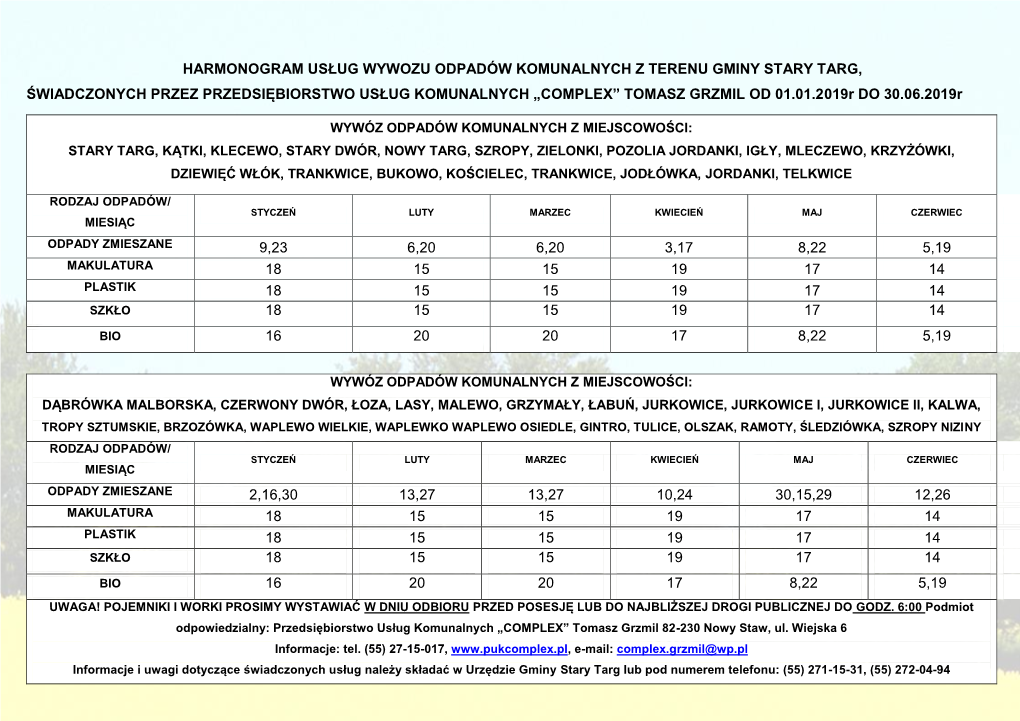 Harmonogram Usług Wywozu Odpadów Komunalnych Z Terenu Miasta I Gminy Nowy Staw
