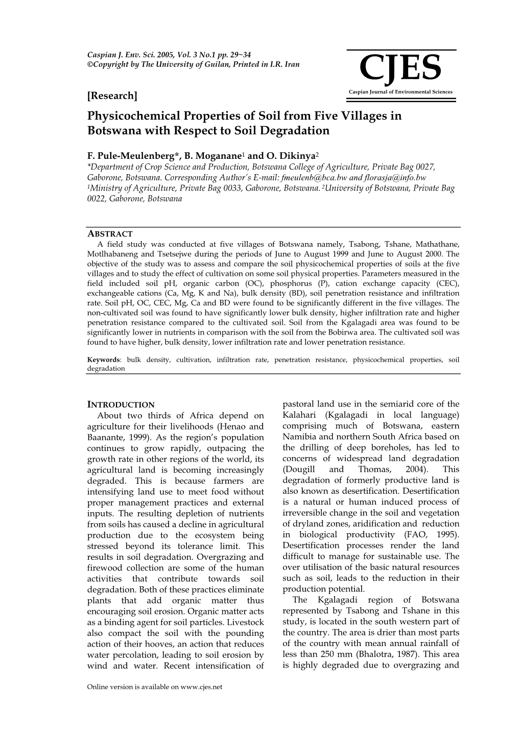 Physicochemical Properties of Soil from Five Villages in Botswana with Respect to Soil Degradation