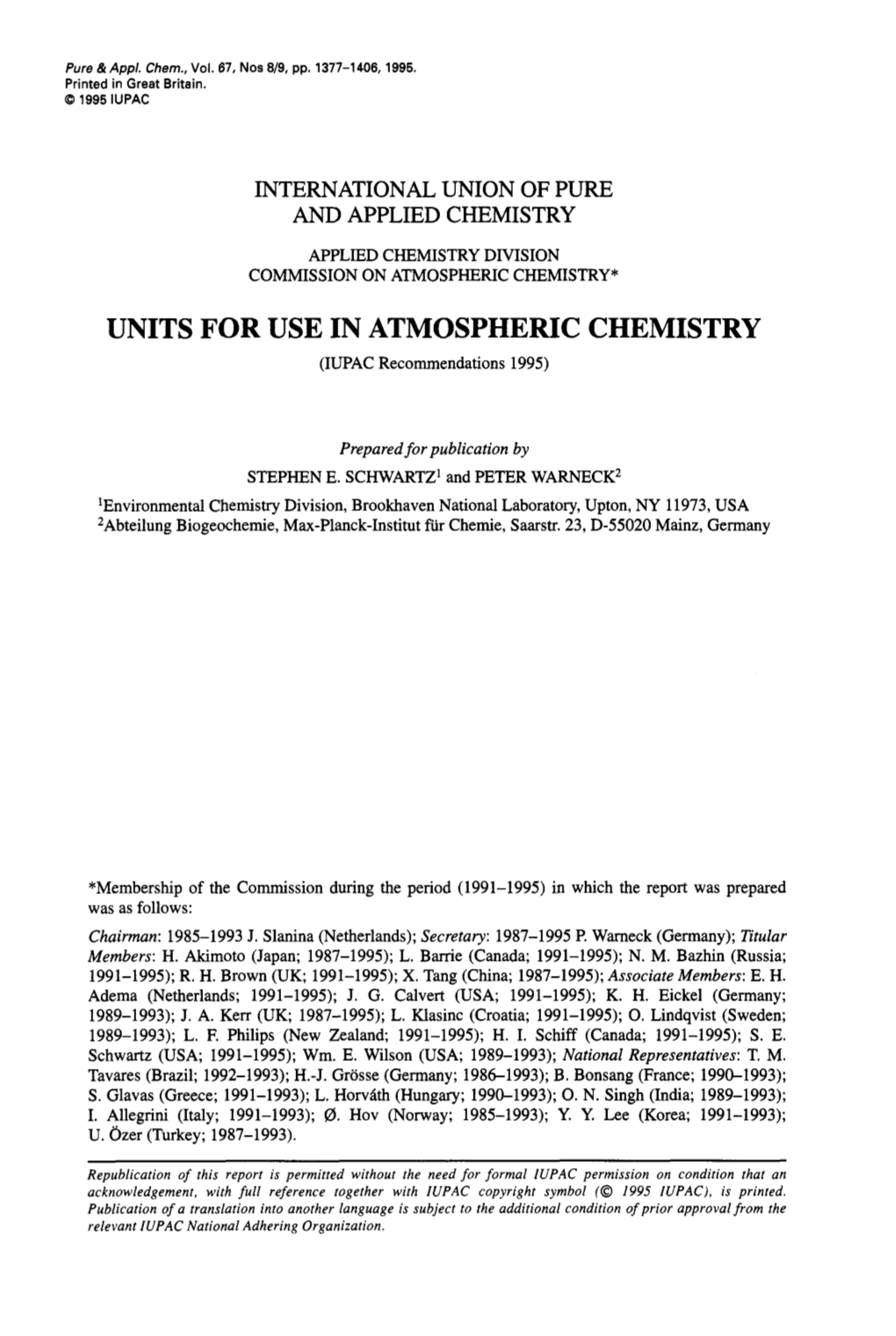 UNITS for USE in ATMOSPHERIC CHEMISTRY (IUPAC Recommendations 1995)